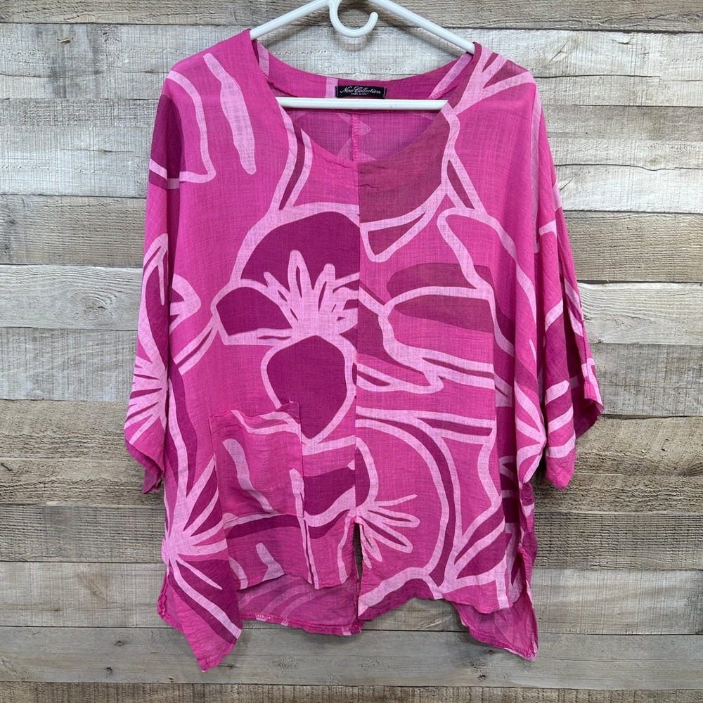 New Collection Made in Italy Pink Floral Linen Cotton Oversized Blouse Top 4XL